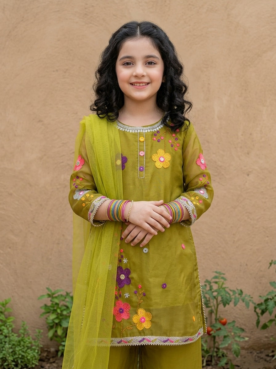 Fancy Chiffon Embroidered girls 3-Pcs  Suit