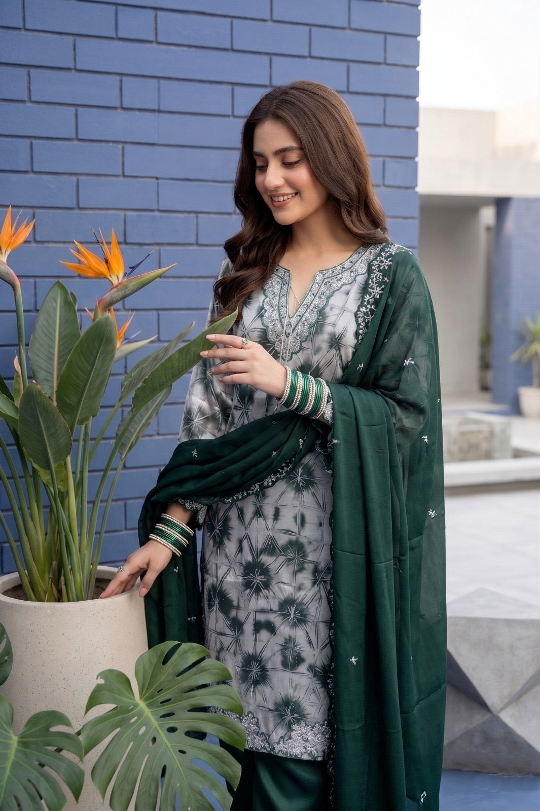 Fancy stitched Printed Shesha Silk with chiffon embroidered dupatta