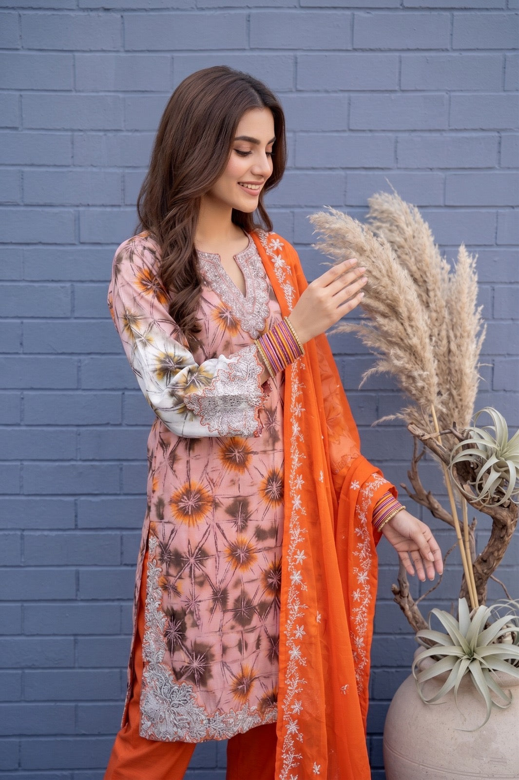 Fancy stitched Printed Shesha Silk with chiffon embroidered dupatta