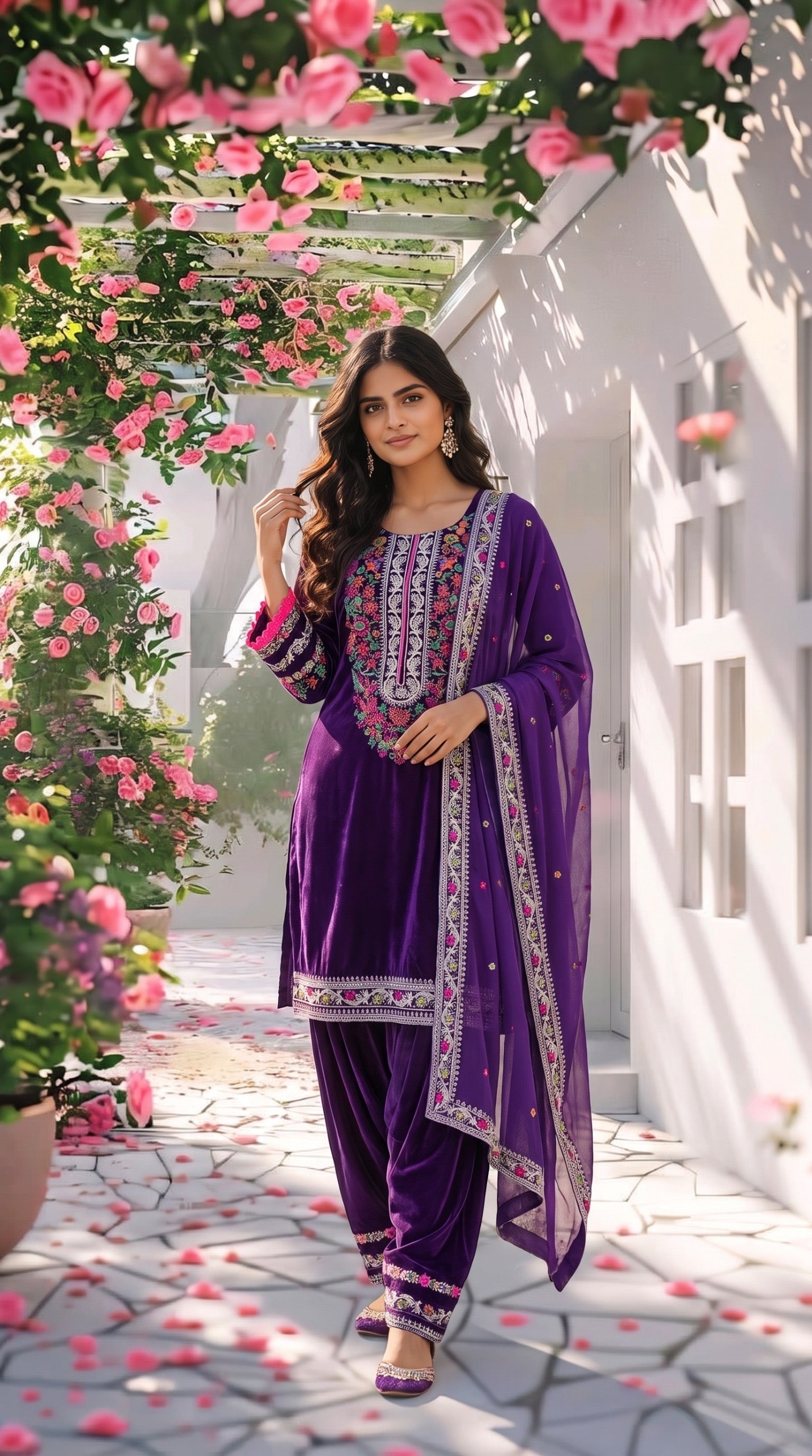 Royal Purple Embroidered Velvet 3-Piece Stitched Suit🔥