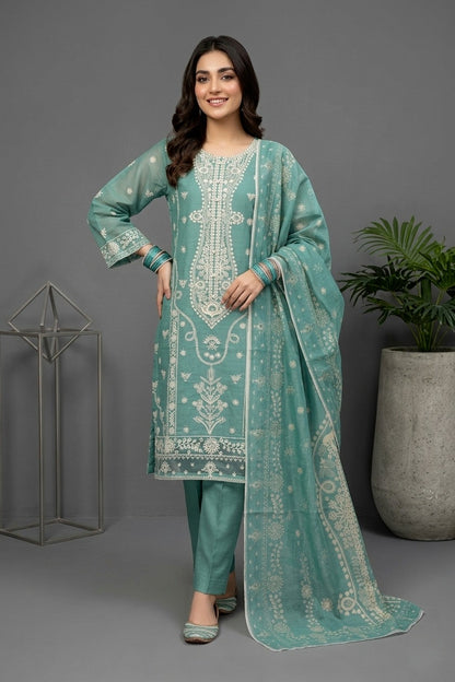 Royal Blue Embroidered Cotton 3-Piece Suit – Premium Stitched Dress with Printed Dupatta