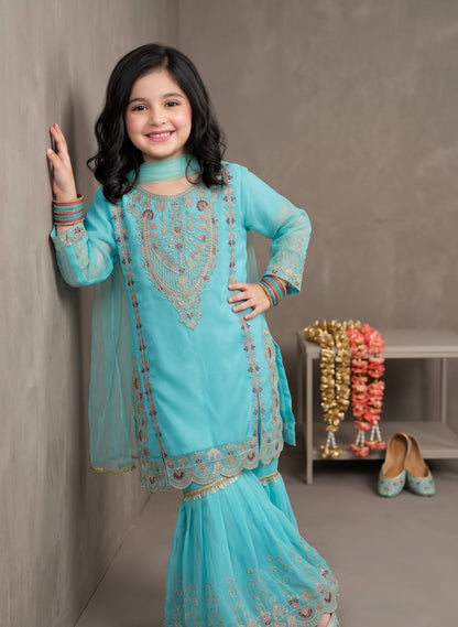 Girl’s Multi-Embroidered chiffon Sharara 3-Pcs Suit