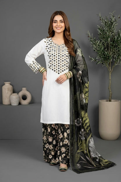 Elegant White Cotton 3-Piece Mirror Embroidered Suit – Premium Stitched Dress for Women