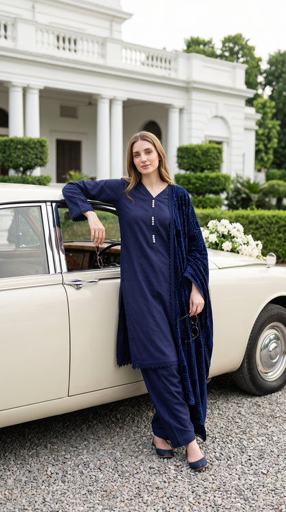 Winter Dhanak suit with Palachi velvet shawl 3-Pcs