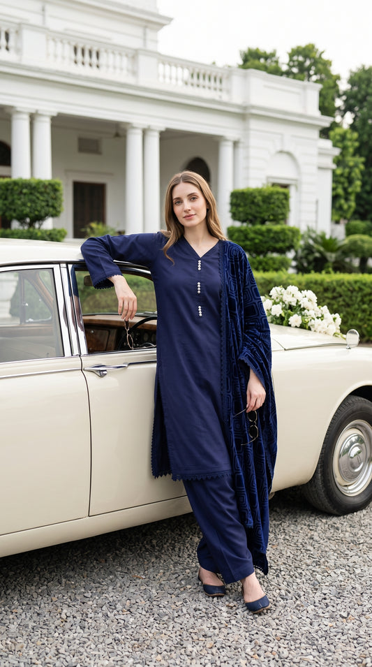 Winter Dhanak suit with Palachi velvet shawl 3-Pcs