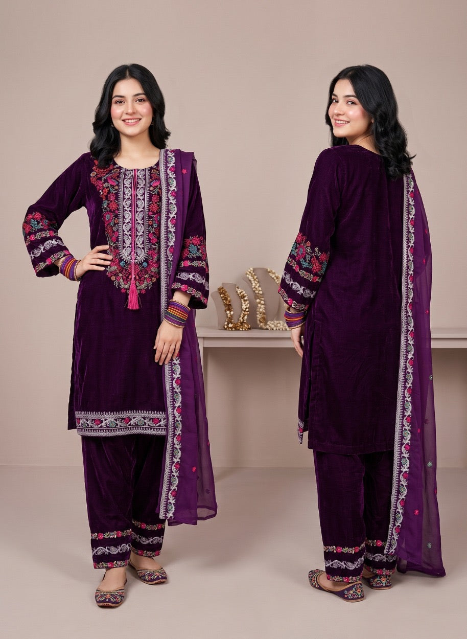 Mahveen Velvet Embroidered 3-Piece