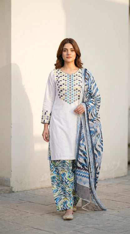 Elegant White Cotton 3-Piece Mirror Embroidered Suit – Premium Stitched Dress for Women