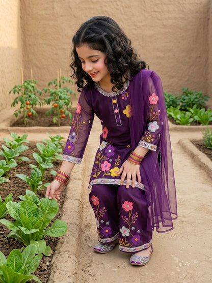 Fancy Chiffon Embroidered girls 3-Pcs  Suit
