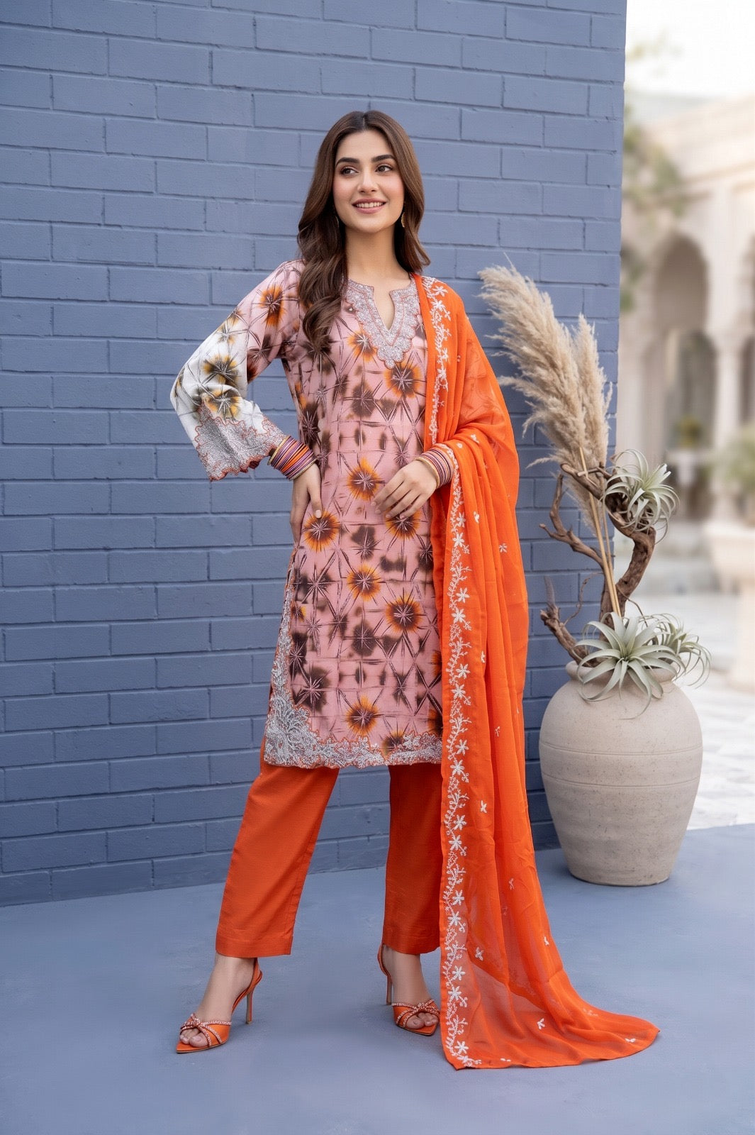 Fancy stitched Printed Shesha Silk with chiffon embroidered dupatta