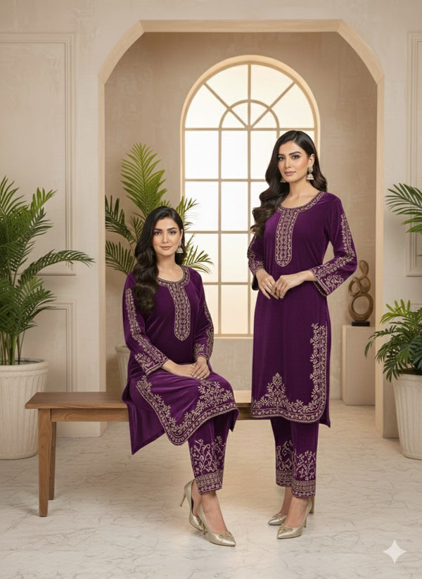 LUXURY ROYAL BLUE VELVET EMBROIDERED 2-PIECE SUIT – WINTER FESTIVE COLLECTION