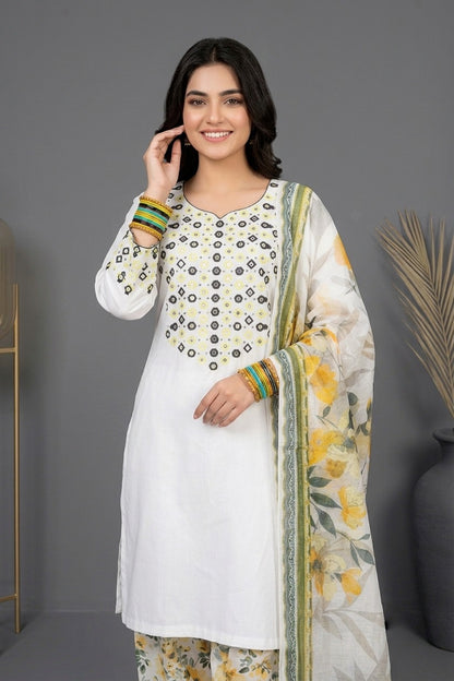Elegant White Cotton 3-Piece Mirror Embroidered Suit – Premium Stitched Dress for Women