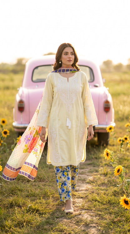 🌸 Elegant Floral 3-Piece Stitched Dress – Pastel Purple
