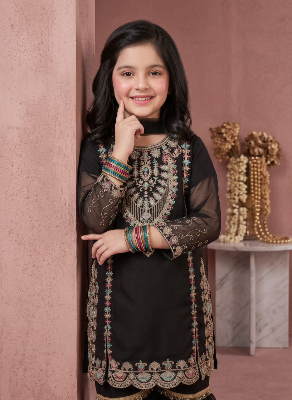 Girl’s Multi-Embroidered chiffon Sharara 3-Pcs Suit