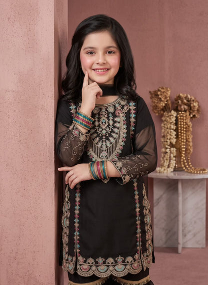 Girl’s Multi-Embroidered chiffon Sharara 3-Pcs Suit