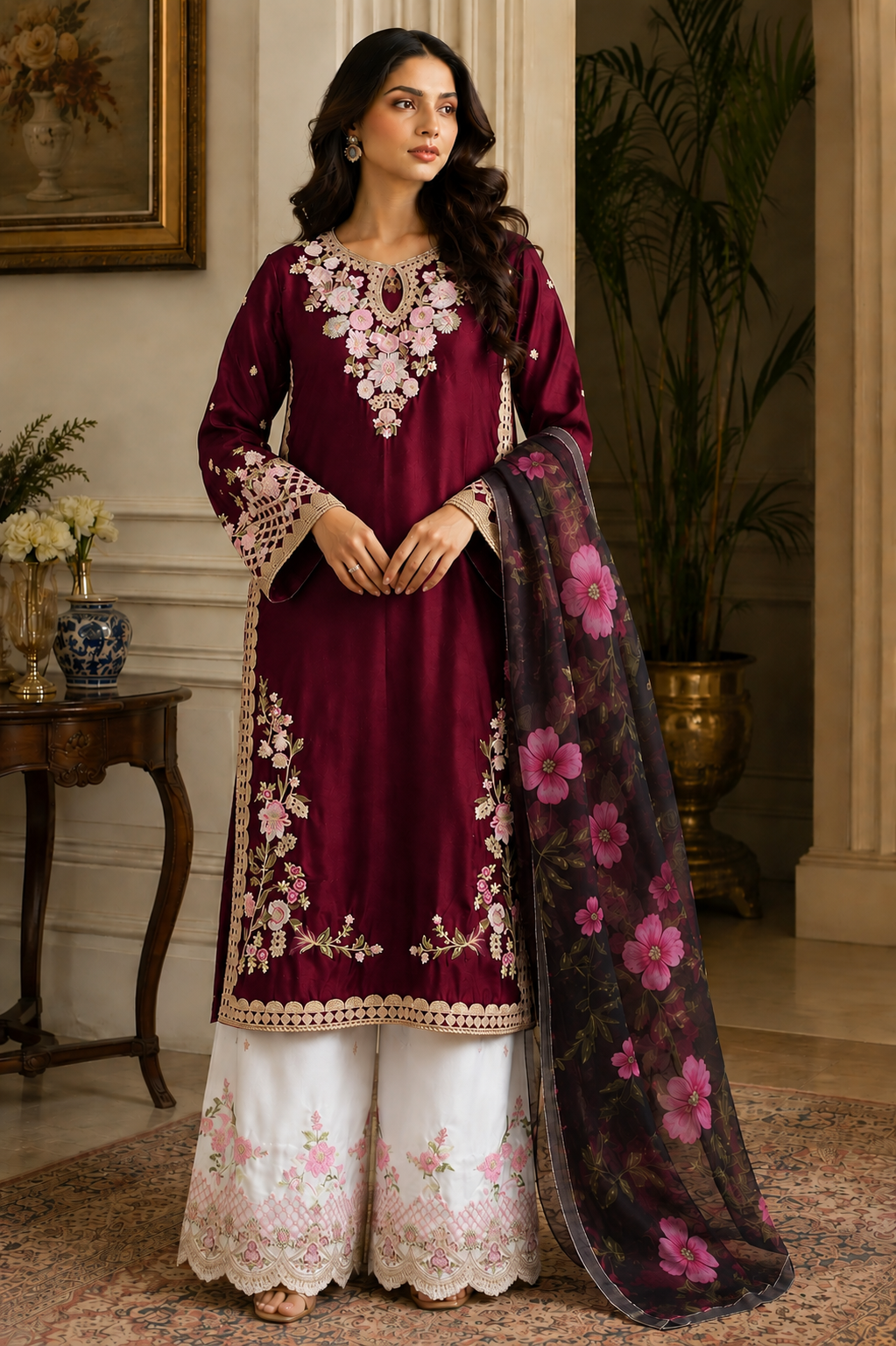Women’s Silk Embroidered 3-Piece Suit | Floral Embroidery with White Plazzo & Dupatta