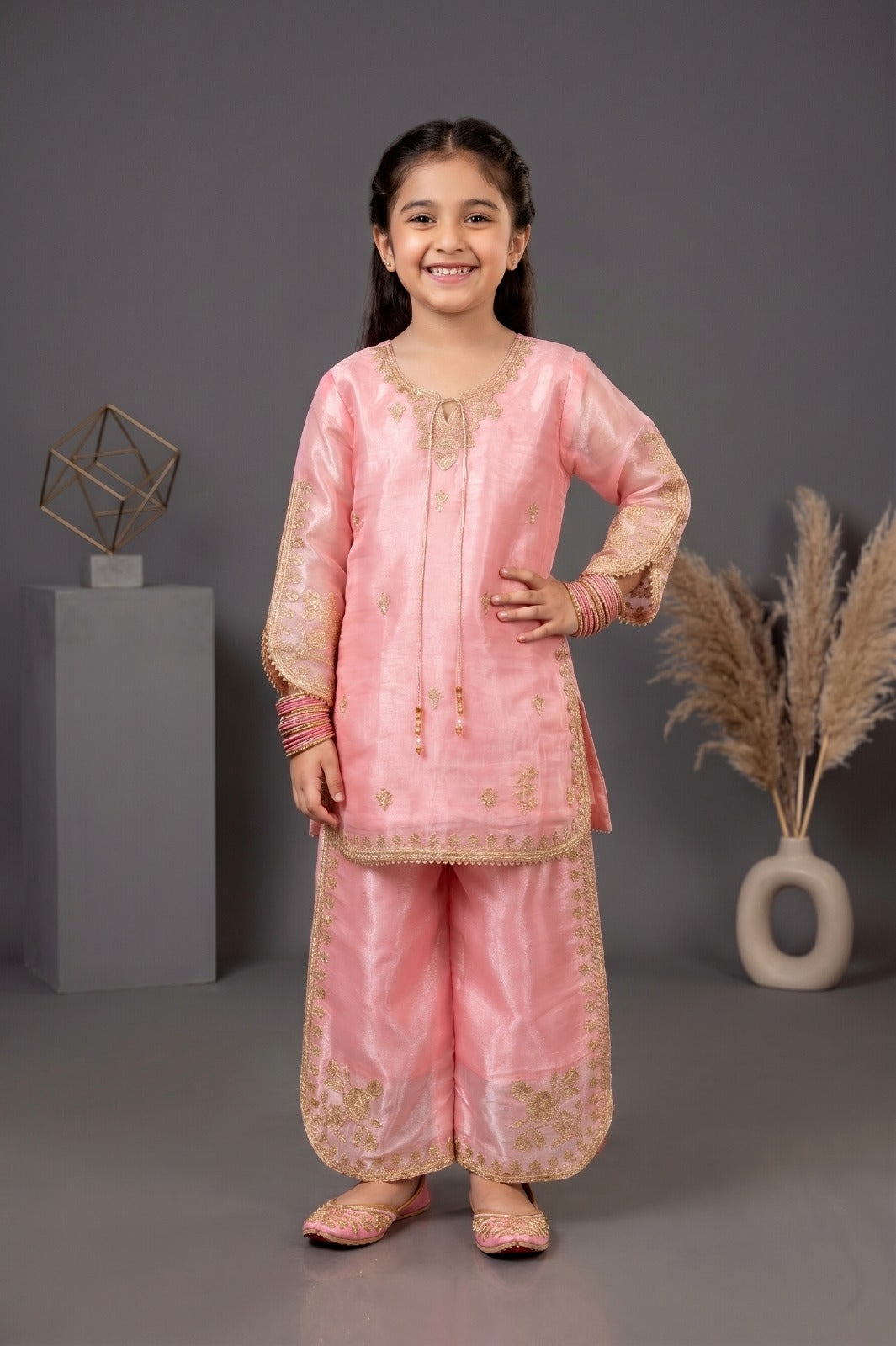 Girls Premium Shesha Silk Embroidered plazzo Set - Festive 3-Piece Suite