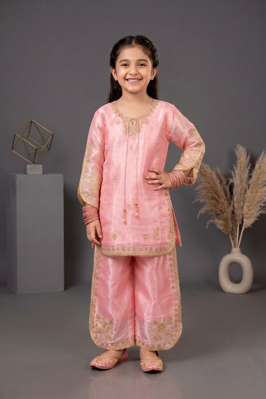 Girls Premium Shesha Silk Embroidered plazzo Set - Festive 3-Piece Suite