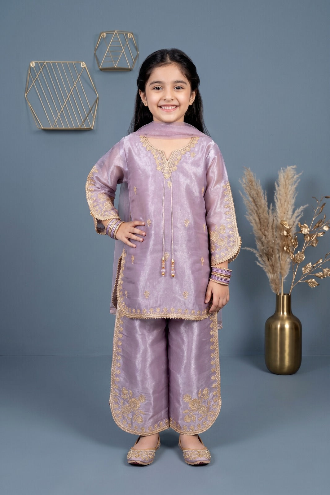 Girls Premium Shesha Silk Embroidered plazzo Set - Festive 3-Piece Suite