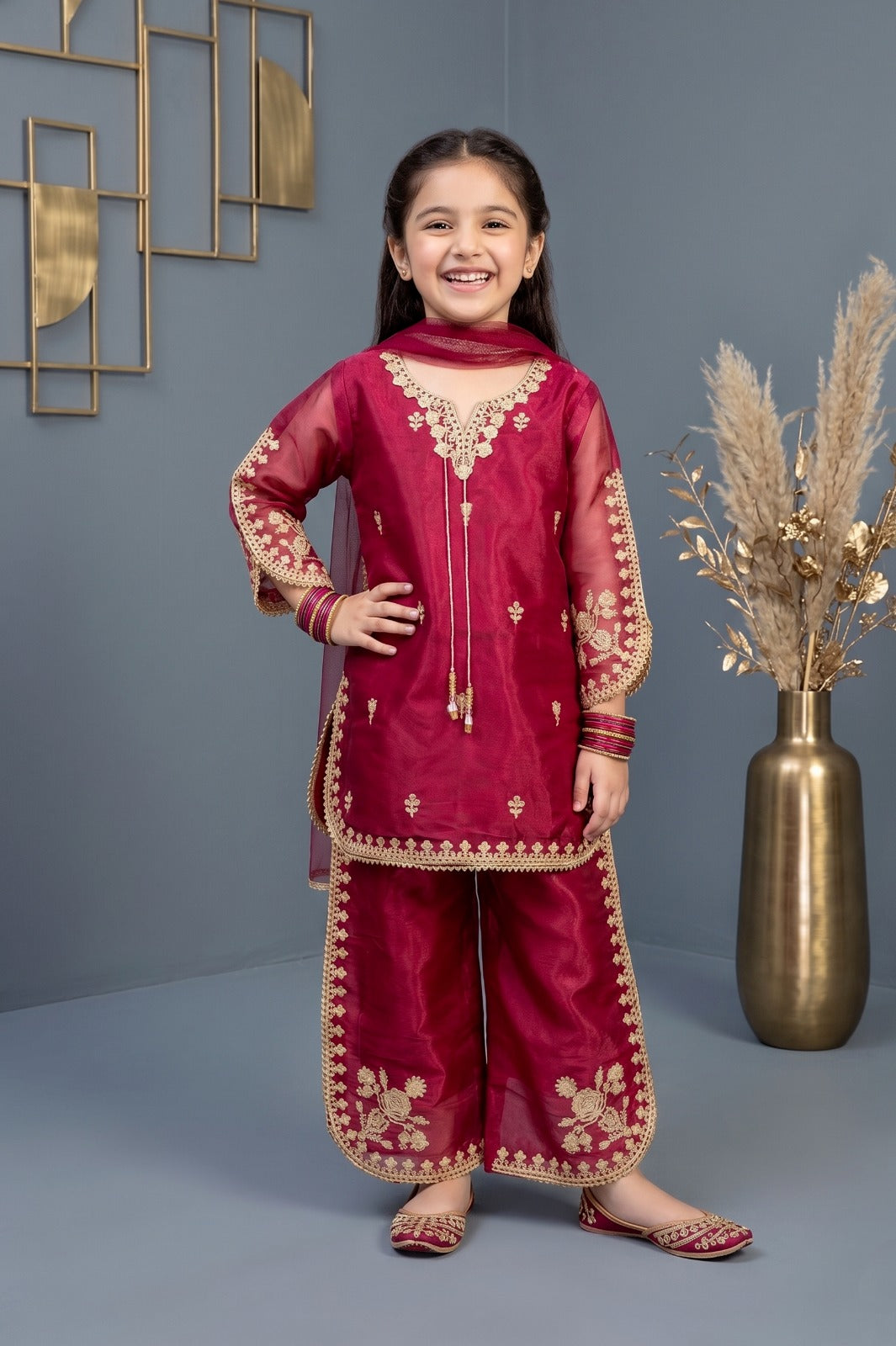 Girls Premium Shesha Silk Embroidered plazzo Set - Festive 3-Piece Suite