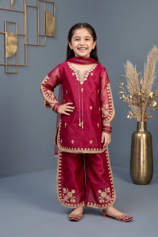 Girls Premium Shesha Silk Embroidered plazzo Set - Festive 3-Piece Suite