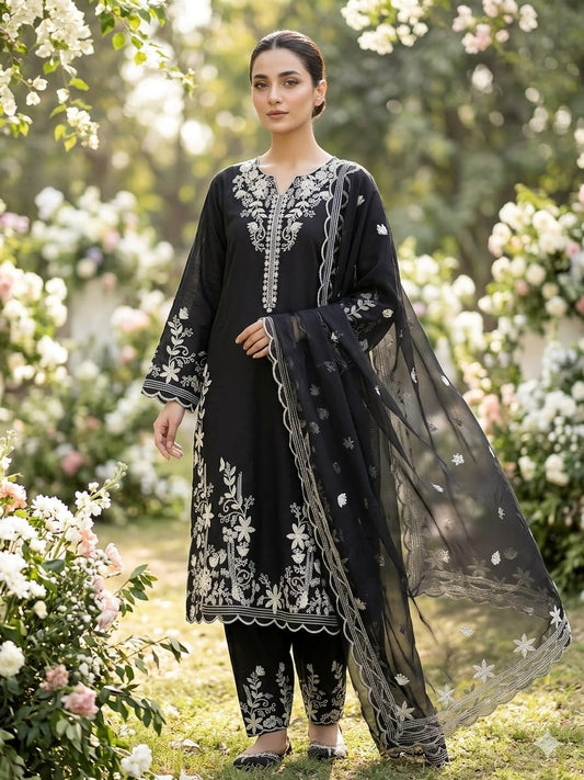 Women's Embroidered Cotton Slub 3-Piece Suit – Teal Floral Ethnic Ensemble
