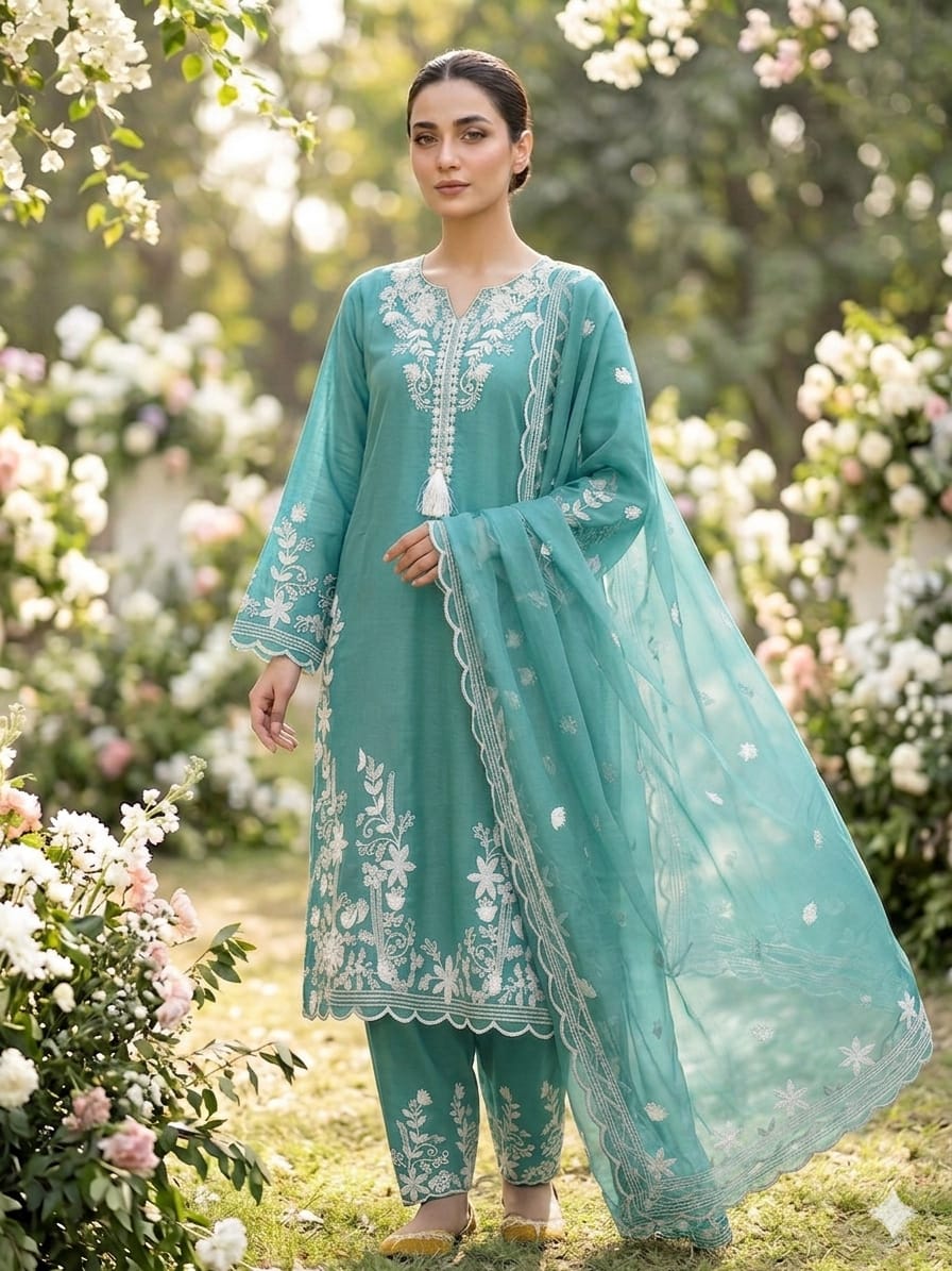 Women's Embroidered Cotton Slub 3-Piece Suit – Teal Floral Ethnic Ensemble