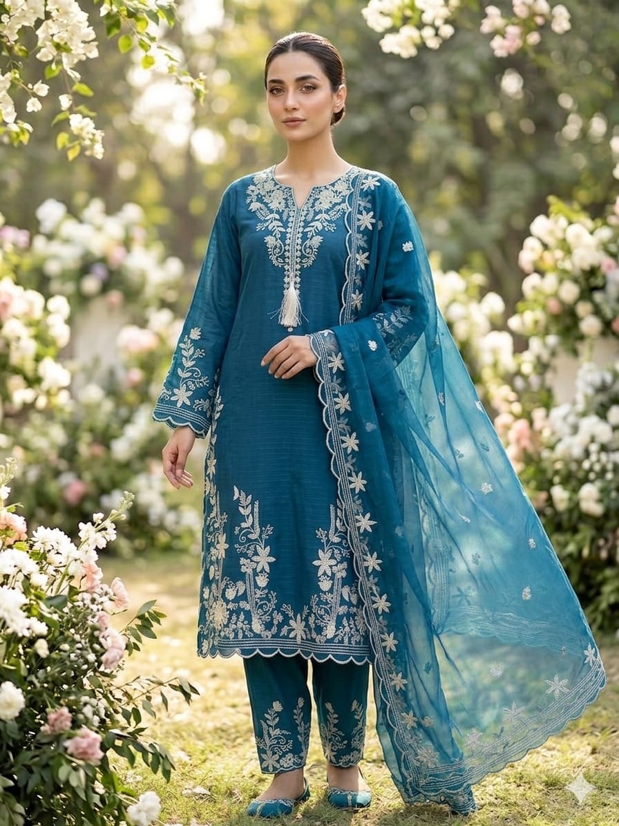 Women's Embroidered Cotton Slub 3-Piece Suit – Teal Floral Ethnic Ensemble