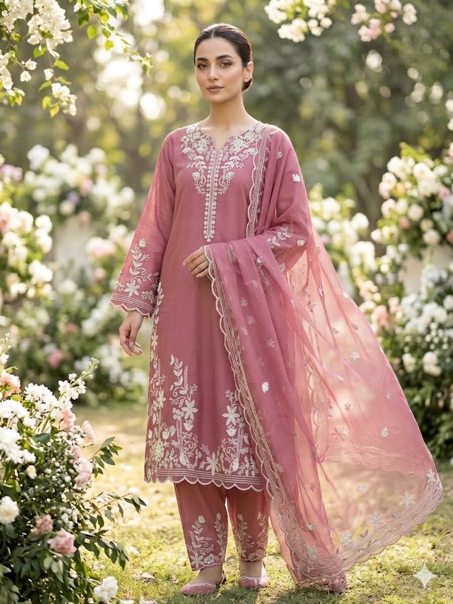 Women's Embroidered Cotton Slub 3-Piece Suit – Teal Floral Ethnic Ensemble