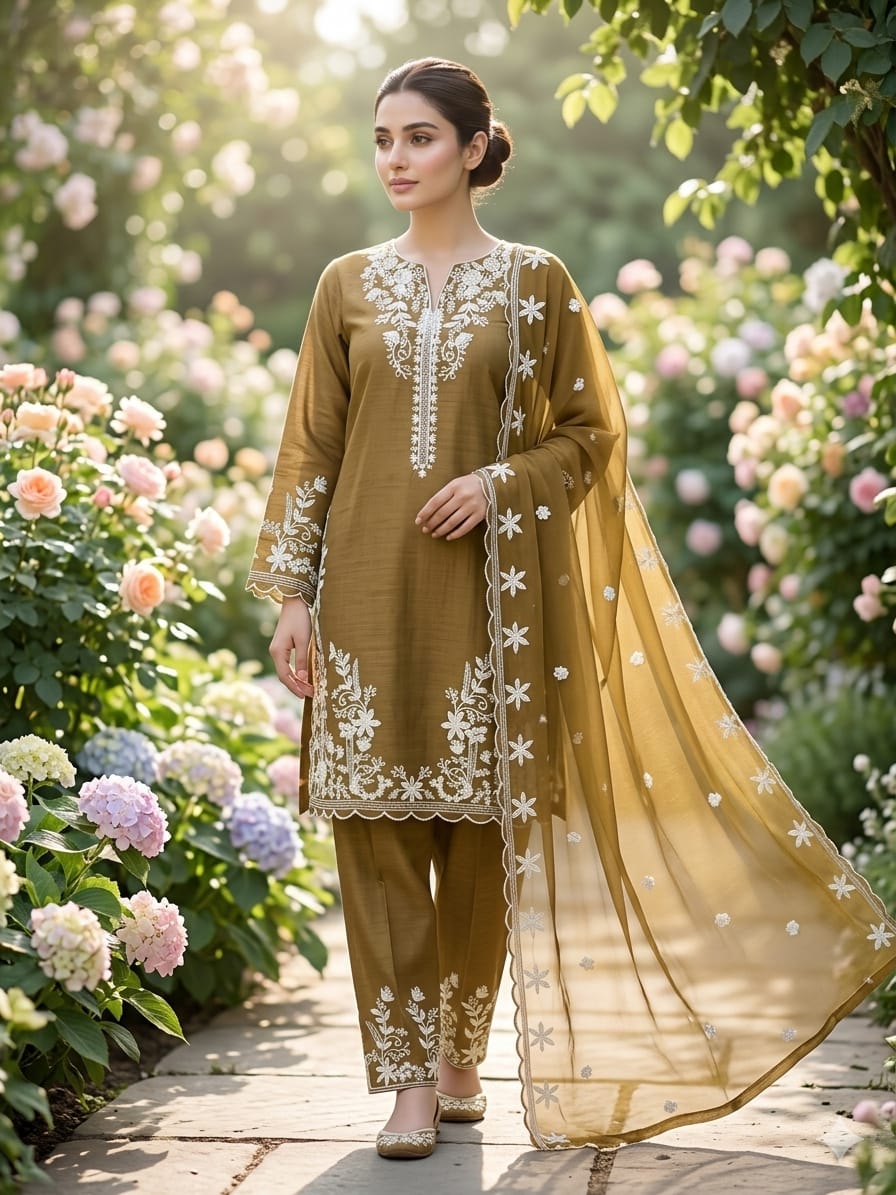 Women's Embroidered Cotton Slub 3-Piece Suit – Teal Floral Ethnic Ensemble