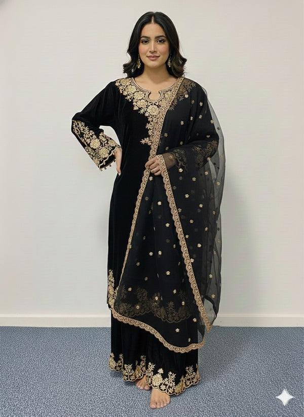LUXURY VELVET EMBROIDERED 3-PIECE SUIT – PREMIUM WINTER FESTIVE COLLECTION