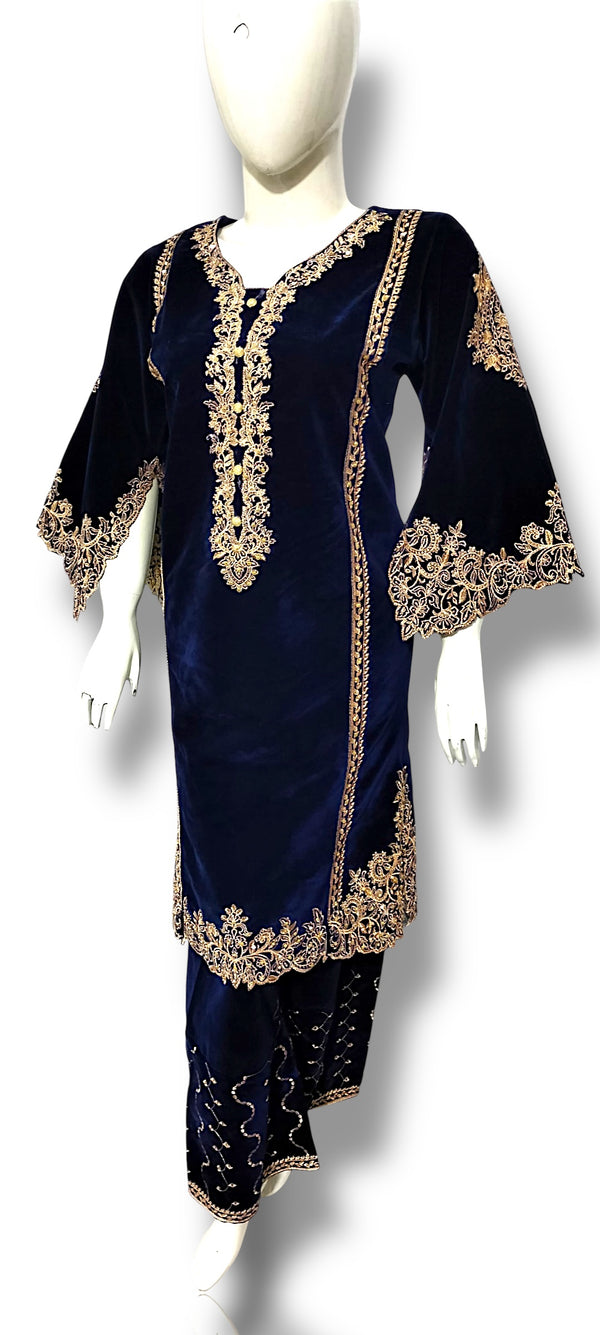Royal Blue Velvet Embroidered 2-Piece Suit