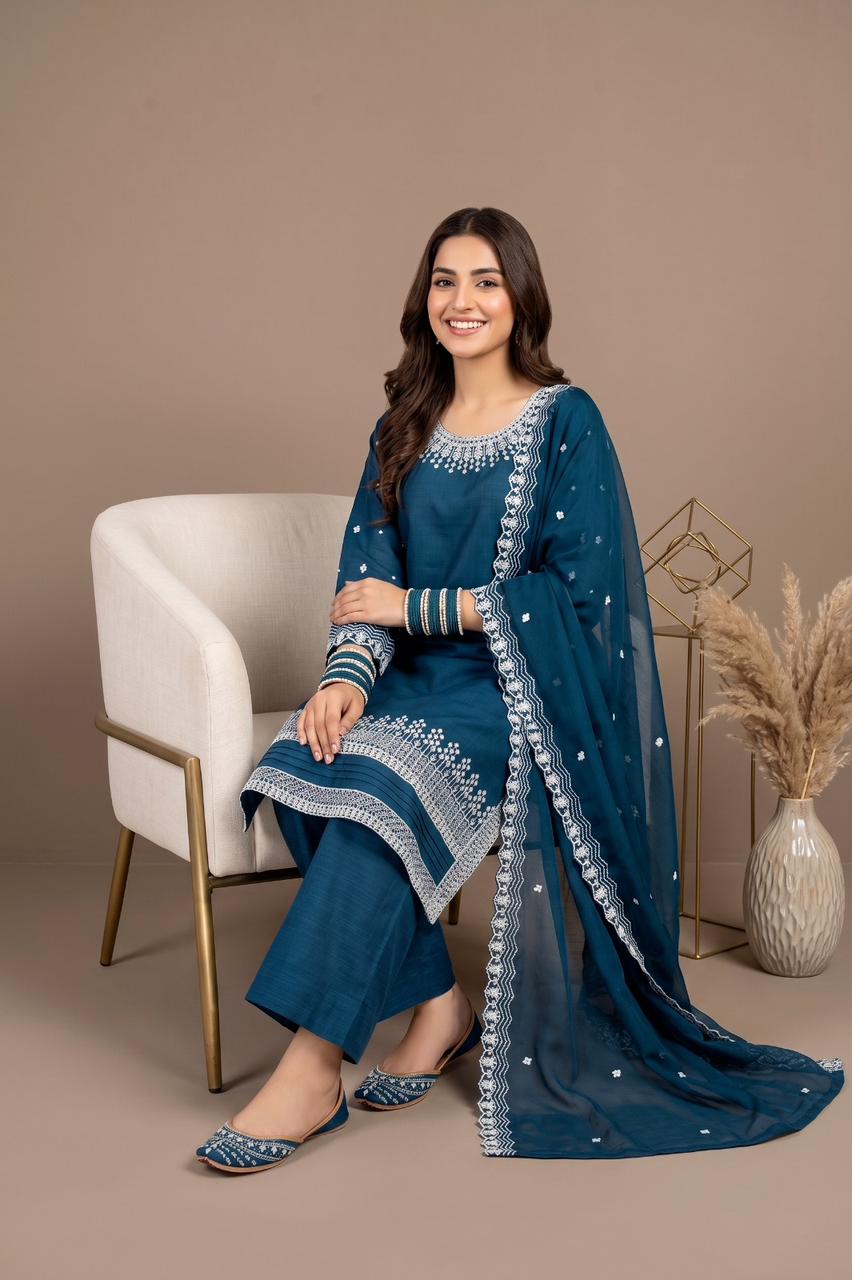 Premium Cotton Embroidered 3-Piece Suit (Plain Trouser & Printed Dupatta) | Pehnavaa Store