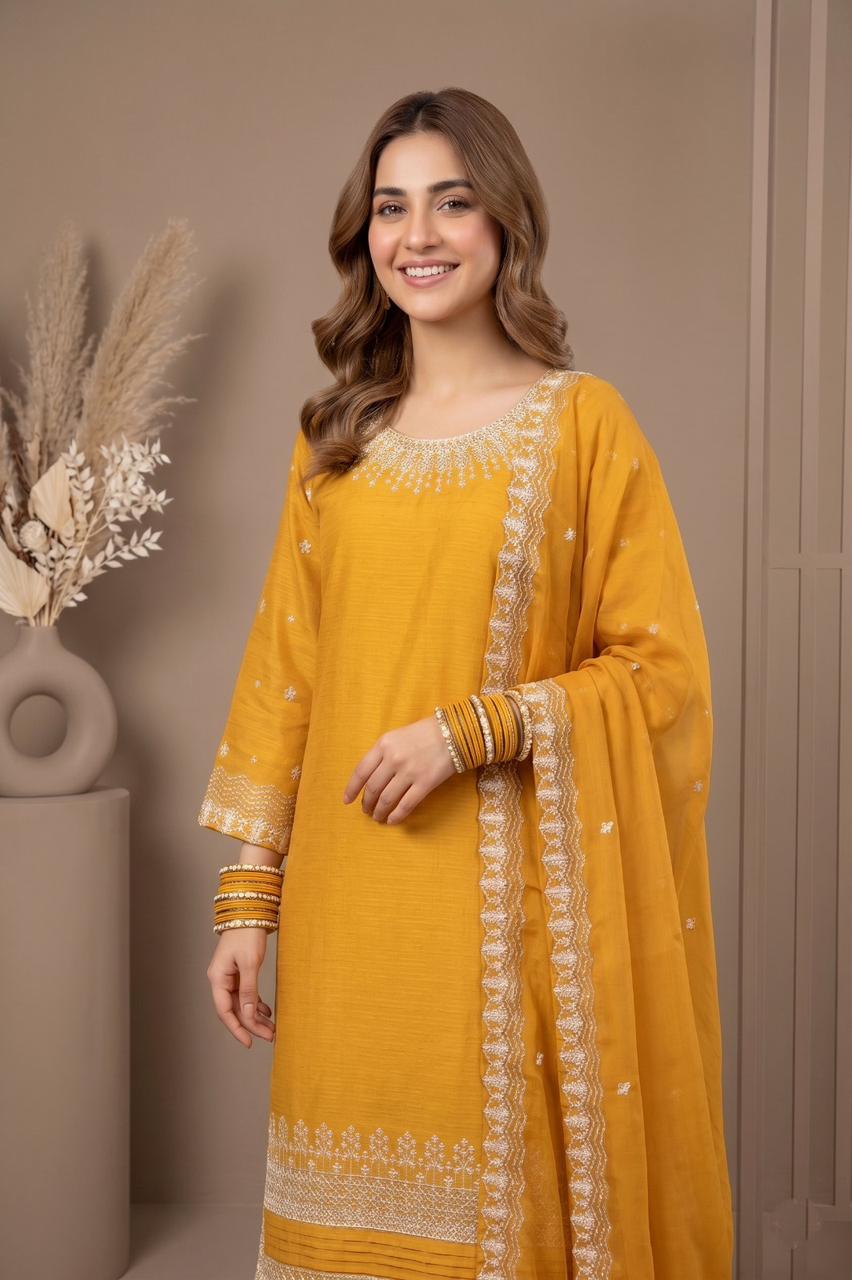 Premium Cotton Embroidered 3-Piece Suit (Plain Trouser & Printed Dupatta) | Pehnavaa Store