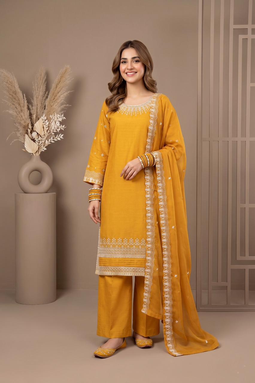 Premium Cotton Embroidered 3-Piece Suit (Plain Trouser & Printed Dupatta) | Pehnavaa Store