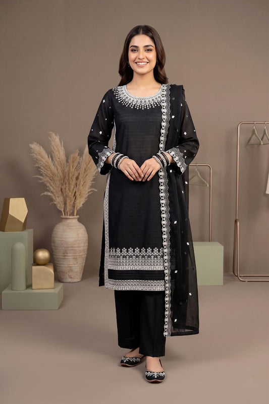 Premium Cotton Embroidered 3-Piece Suit (Plain Trouser & Printed Dupatta) | Pehnavaa Store