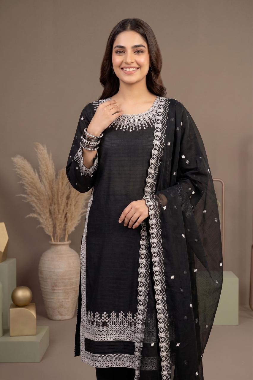 Premium Cotton Embroidered 3-Piece Suit (Plain Trouser & Printed Dupatta) | Pehnavaa Store