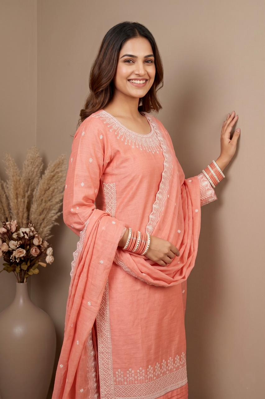 Premium Cotton Embroidered 3-Piece Suit (Plain Trouser & Printed Dupatta) | Pehnavaa Store