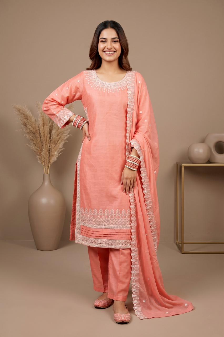 Premium Cotton Embroidered 3-Piece Suit (Plain Trouser & Printed Dupatta) | Pehnavaa Store