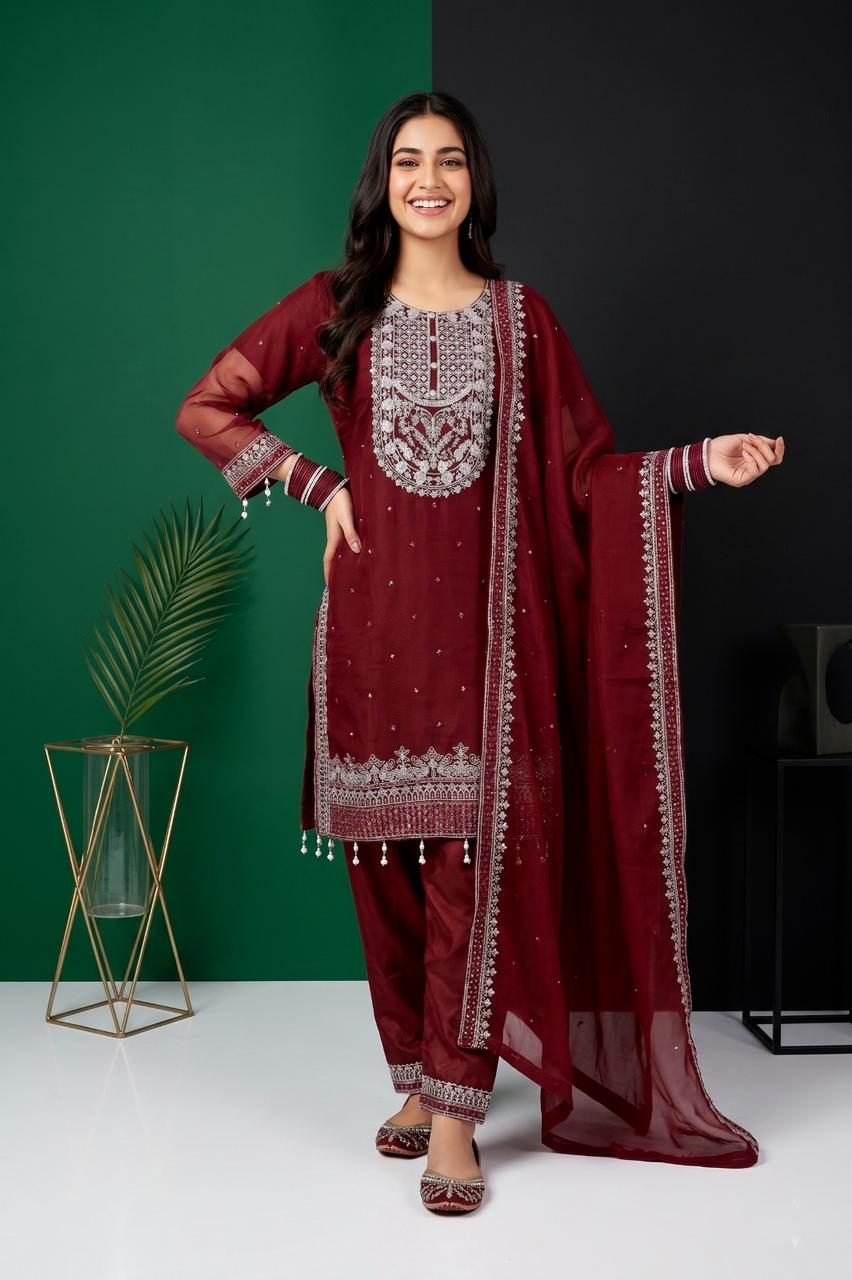 Premium Fancy Crinkle Chiffon 3-Piece Stitched Suit | Embroidered Collection | Pehnavaa Store