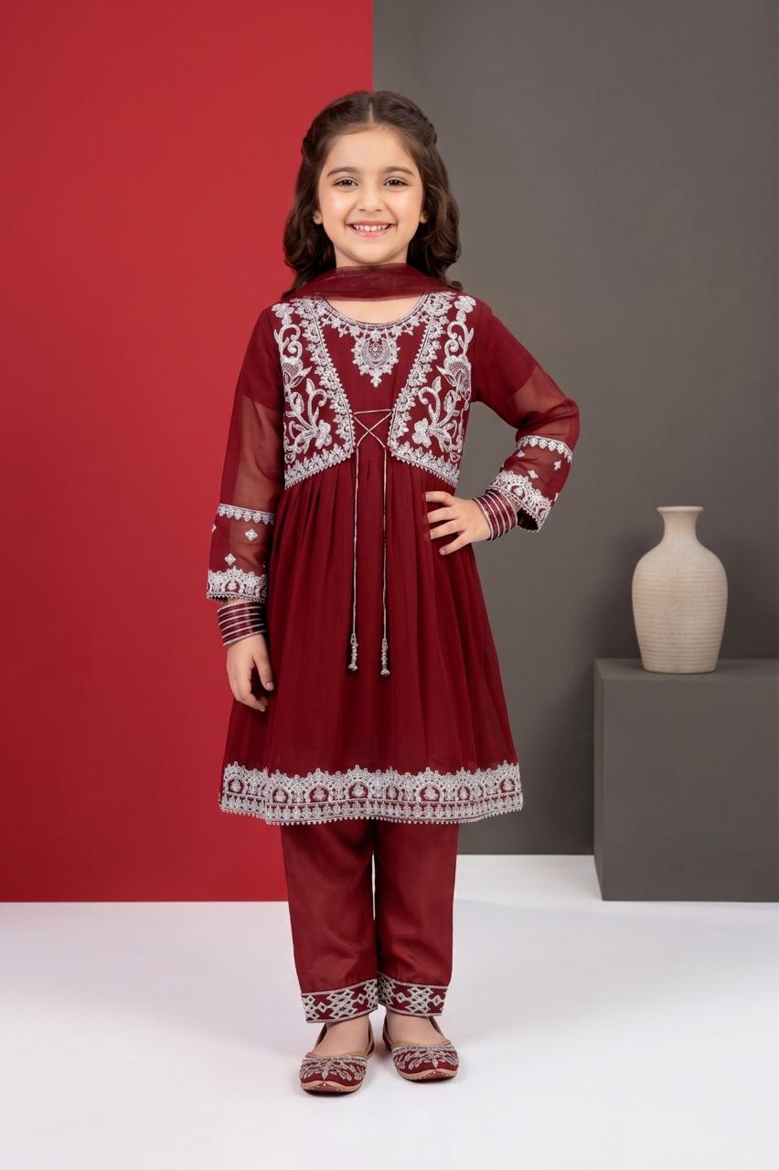 Pehnavaa Girls' Fancy Crinkle Chiffon Frock Set - Embroidered 3-Piece Festive Wear
