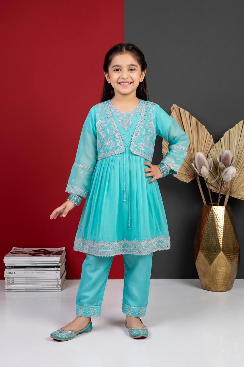 Pehnavaa Girls' Fancy Crinkle Chiffon Frock Set - Embroidered 3-Piece Festive Wear