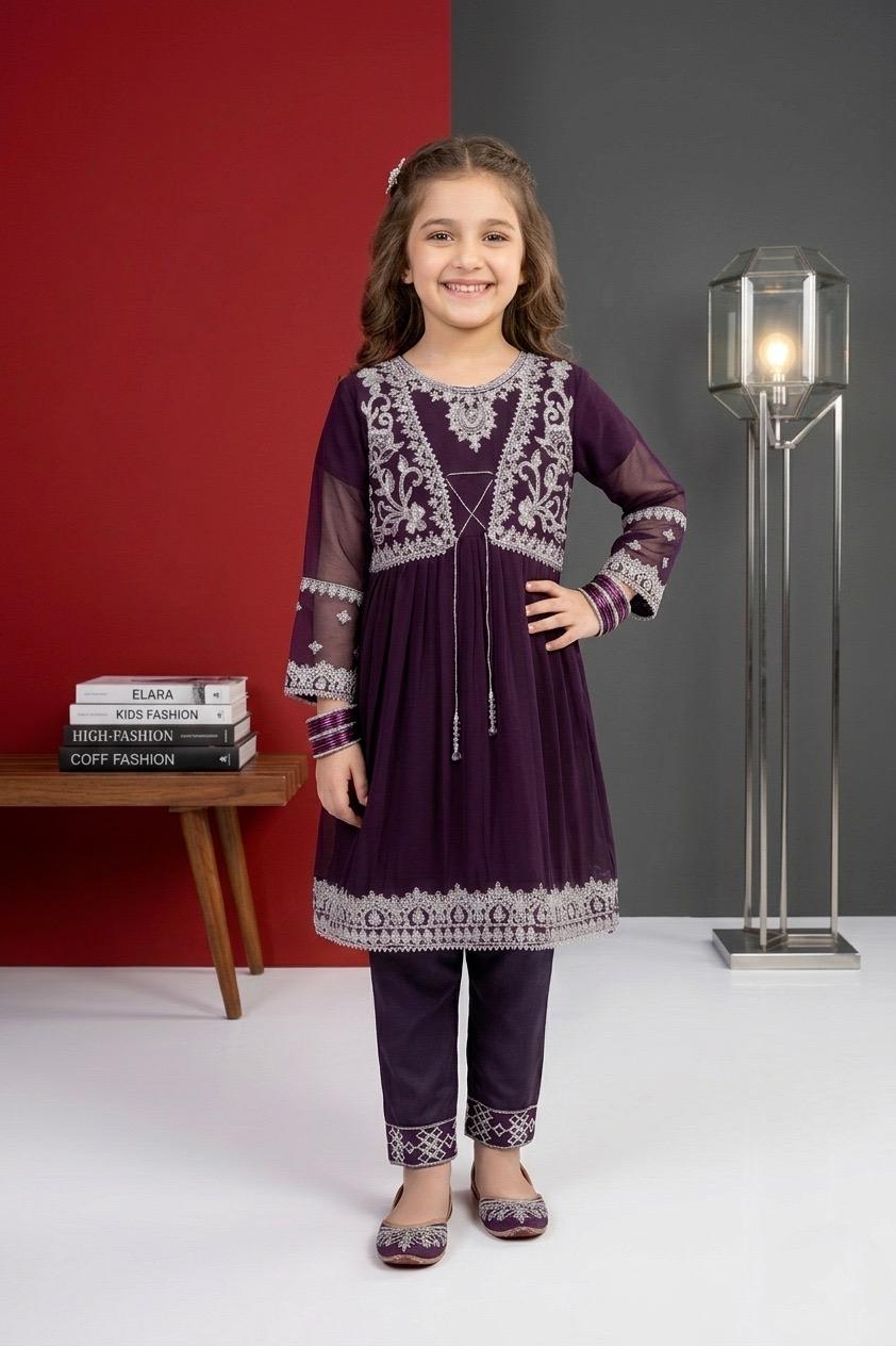 Pehnavaa Girls' Fancy Crinkle Chiffon Frock Set - Embroidered 3-Piece Festive Wear