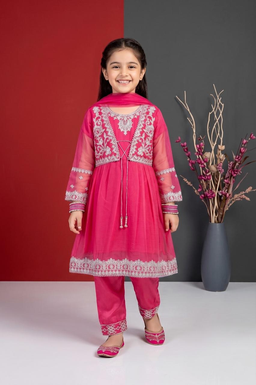 Pehnavaa Girls' Fancy Crinkle Chiffon Frock Set - Embroidered 3-Piece Festive Wear