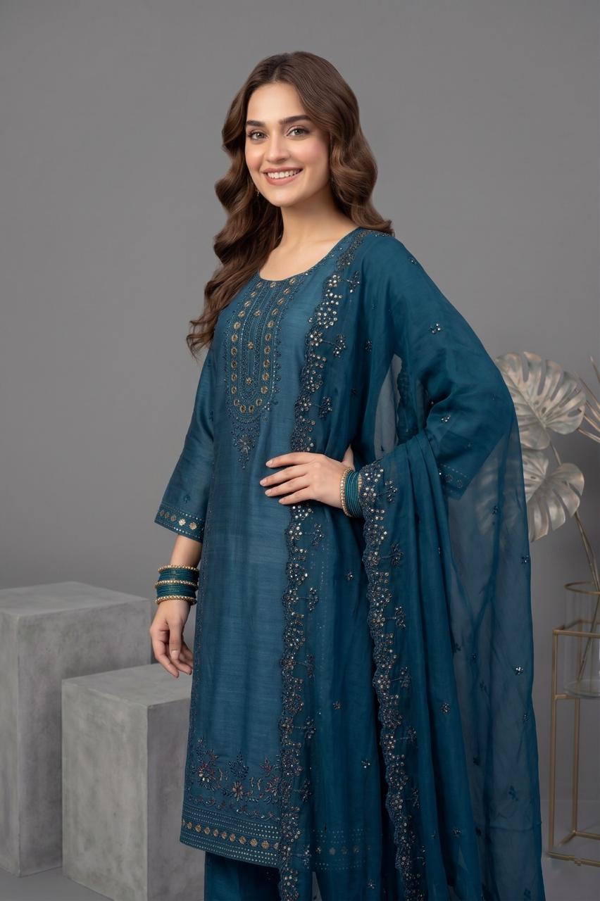 Pehnavaa Women Embroidered Cotton Slub 3-Piece Suit – Luxury Festive Wear