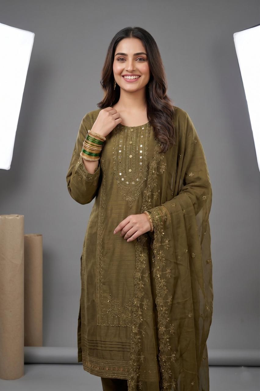 Pehnavaa Women Embroidered Cotton Slub 3-Piece Suit – Luxury Festive Wear