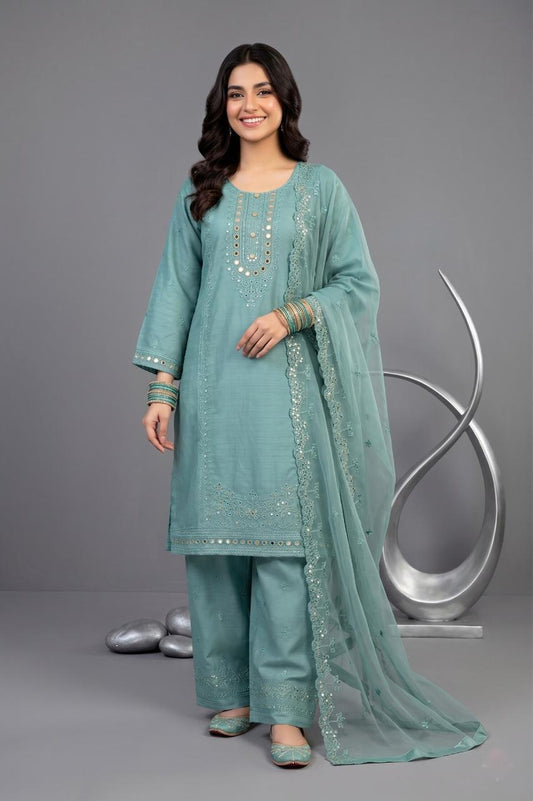 Pehnavaa Women Embroidered Cotton Slub 3-Piece Suit – Luxury Festive Wear