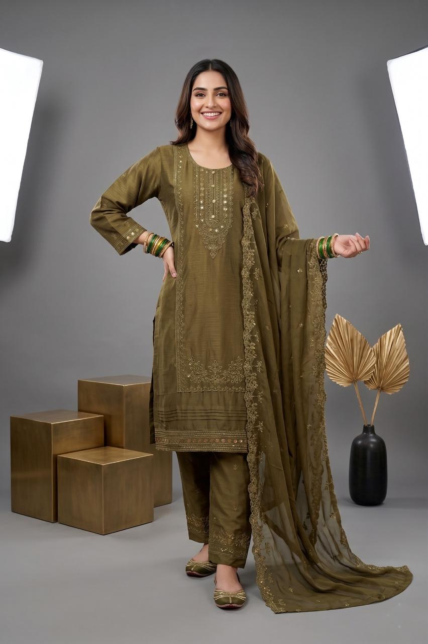 Pehnavaa Women Embroidered Cotton Slub 3-Piece Suit – Luxury Festive Wear