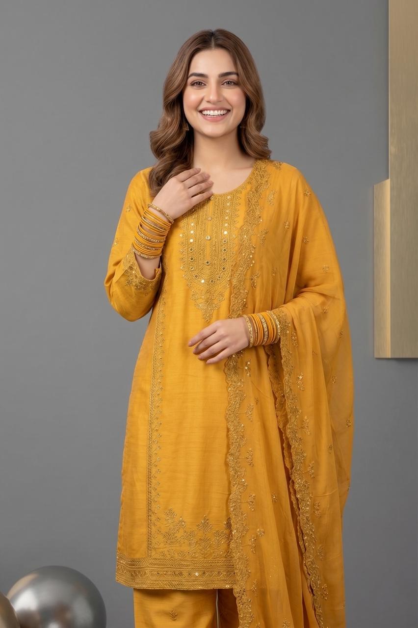 Pehnavaa Women Embroidered Cotton Slub 3-Piece Suit – Luxury Festive Wear