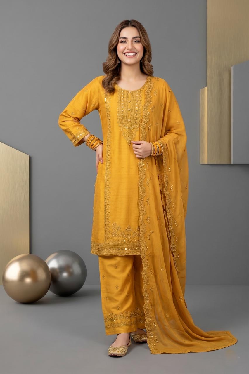 Pehnavaa Women Embroidered Cotton Slub 3-Piece Suit – Luxury Festive Wear