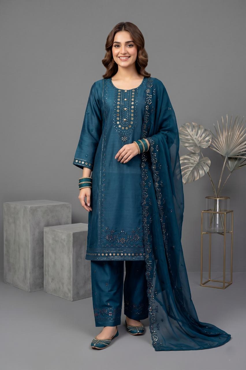 Pehnavaa Women Embroidered Cotton Slub 3-Piece Suit – Luxury Festive Wear